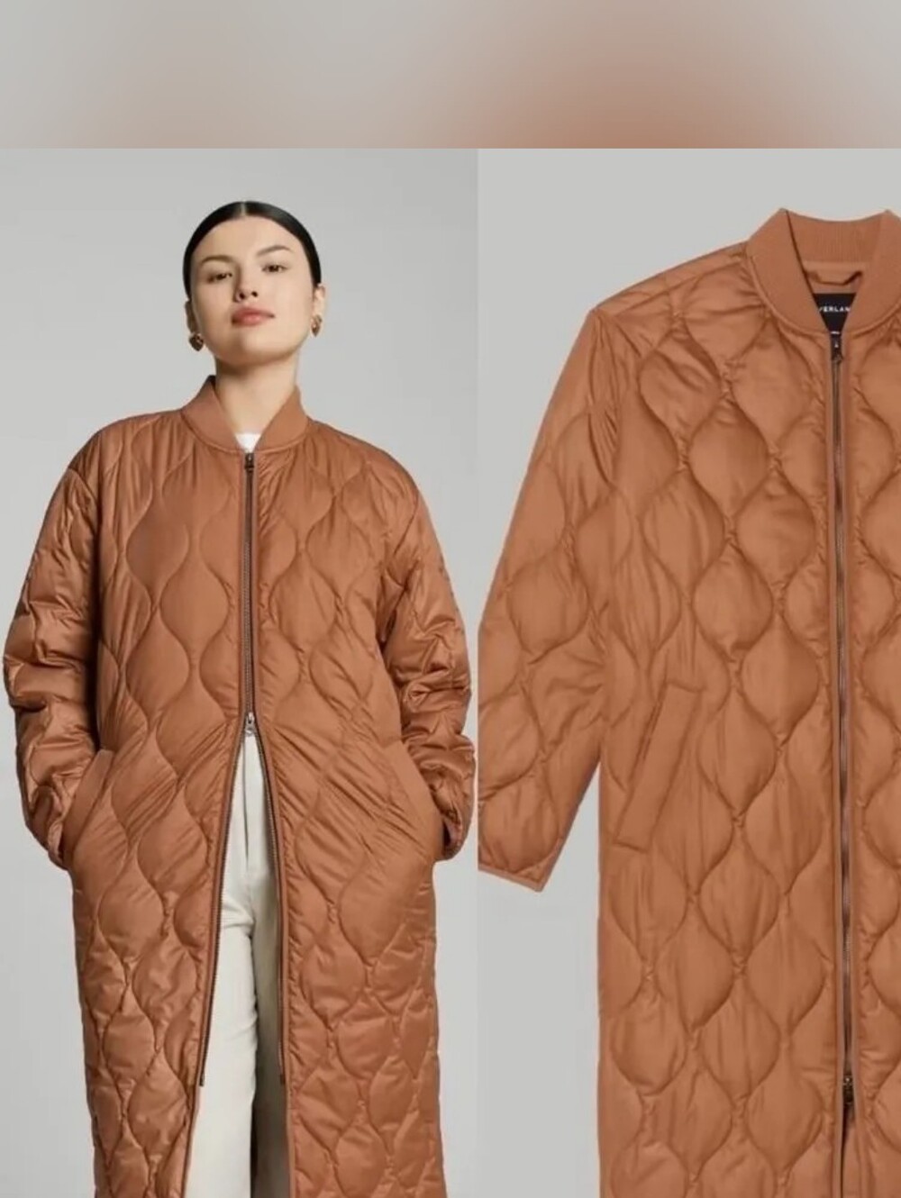 Everlane The ReNew Long Liner Quilted Jacket Size XS Tawn Brown Like New